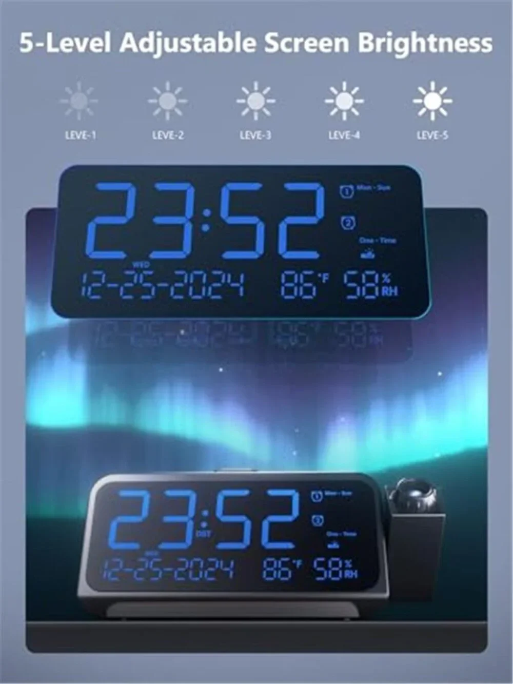 Projection Alarm Clock Ceiling Display Dual Alarm USB Charging Temp Humidity